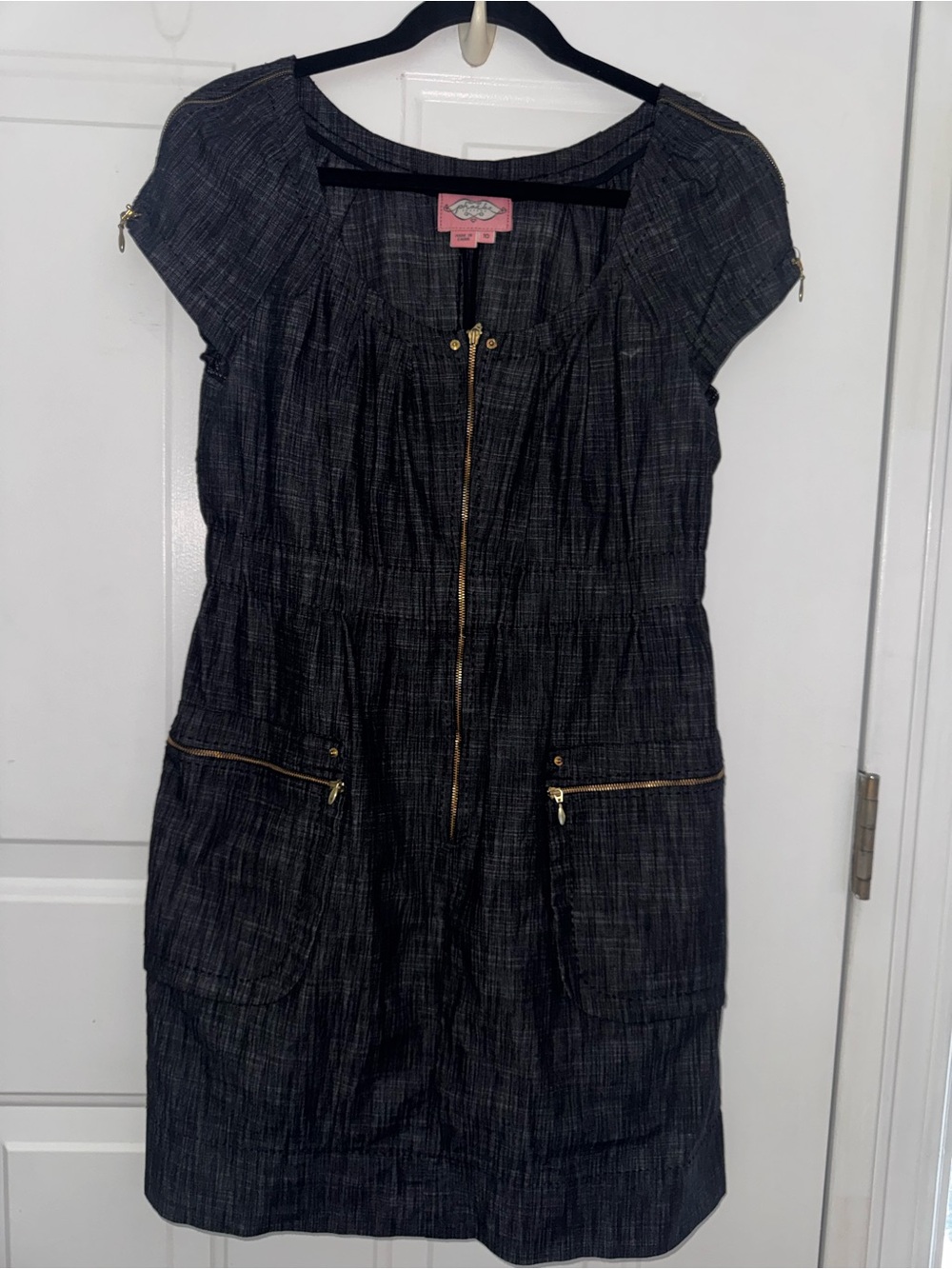 Phoebe Couture Architectural Seed Stitch Denim Shift Dress Gold Zip Size 10
